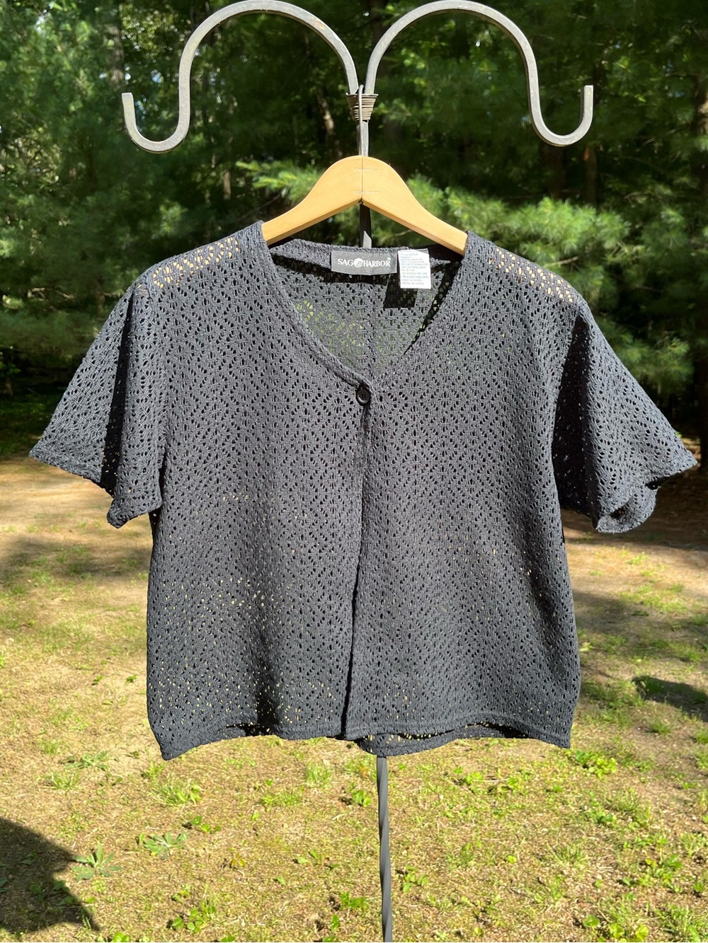 90s Sag Harbor Crochet Single Button Cardigan Sweater Top Black Size M Summer